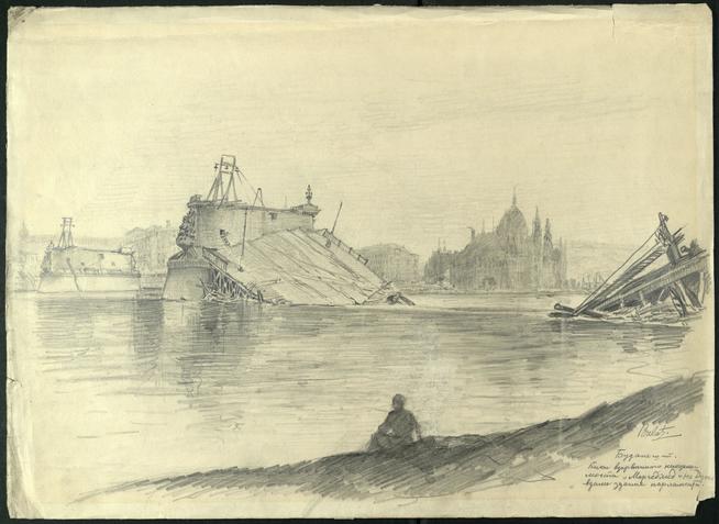 Булат Д.Г.  Взорванный мост на Дунае. Бумага, карандаш.::ИЗО g2id45009