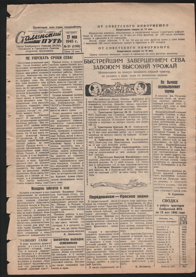 Стал.путь. №21, стр.1, 17.05.1945::Подшивка газеты «Сталинский путь» за 1945 год g2id105834