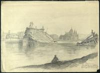 Булат Д.Г.  Взорванный мост на Дунае. Бумага, карандаш.
