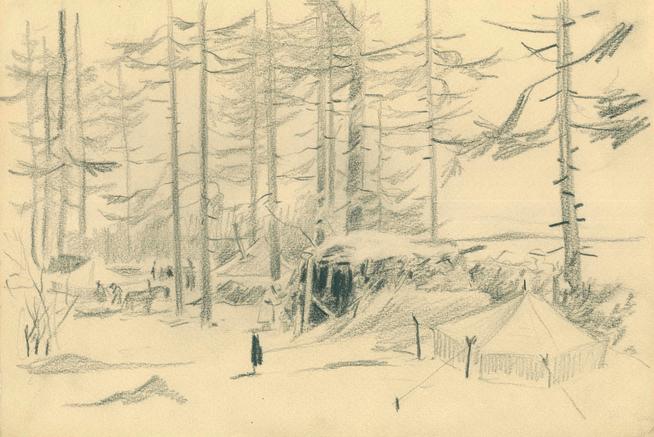 Альменов Б.М. Лагерь в лесу. 1944 г. Бумага, карандаш.::ИЗО g2id44991