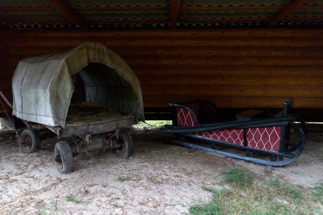 Телега и сани под навесом надворных построек Музея Т. Миннуллина. 2014::Камско-Устьинский район g2id16150