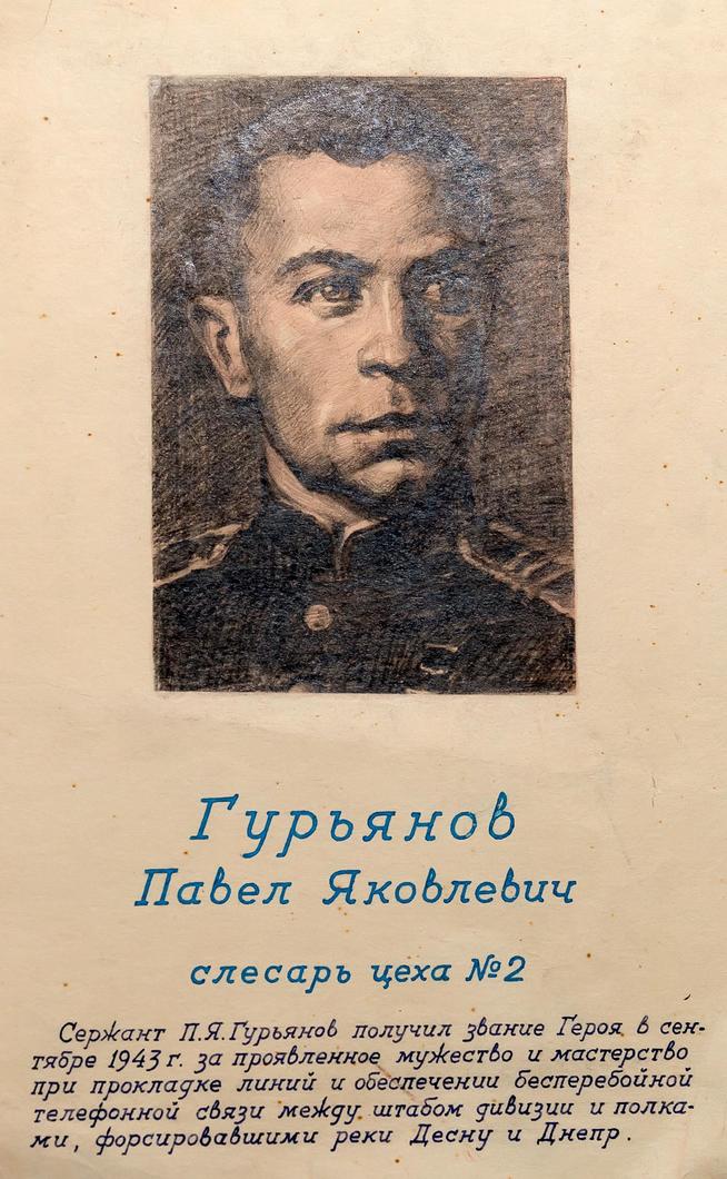 Рисунок. Портрет Героя Советского Союза Гурьянова П.Я.1940-е. Карандаш::Музей трудовой славы КАЗ им. С.П. Горбунова g2id38951