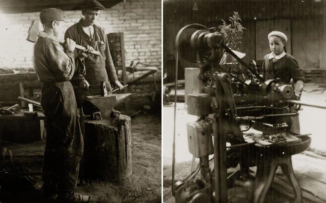 Фото. В кузнице. Девочка у станка. 1940-е::Музей истории ОАО "Завод Элекон" g2id43165