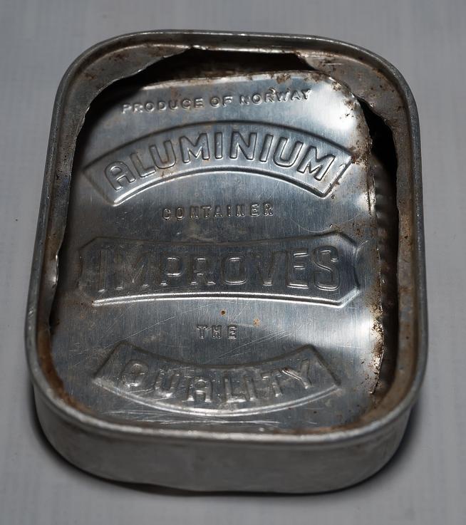 Трофейная консервная банка. Норвегия. 1943-1945. Алюминий::МБУК «Краеведческий музей Новошешминского муниципального района РТ» g2id26124
