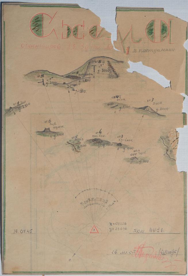 Схема ориентиров 1 батальона 1 дивизиона ПАГ-1 в наступлении на 16 апреля 1945 г.::МАУК г.Набережные Челны "Историко-краеведческий Музей" g2id30428