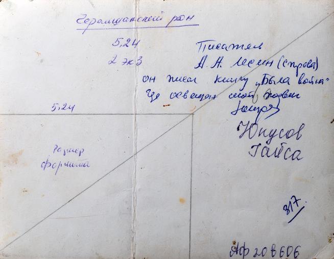 Фото. Юнусов Г.Х. (слева) и писатель Лесин А.А. Черемшанский район. 1950-1960. Оборот.::МБУ «Мемориальный центр Черемшанского муниципального района РТ» g2id87378