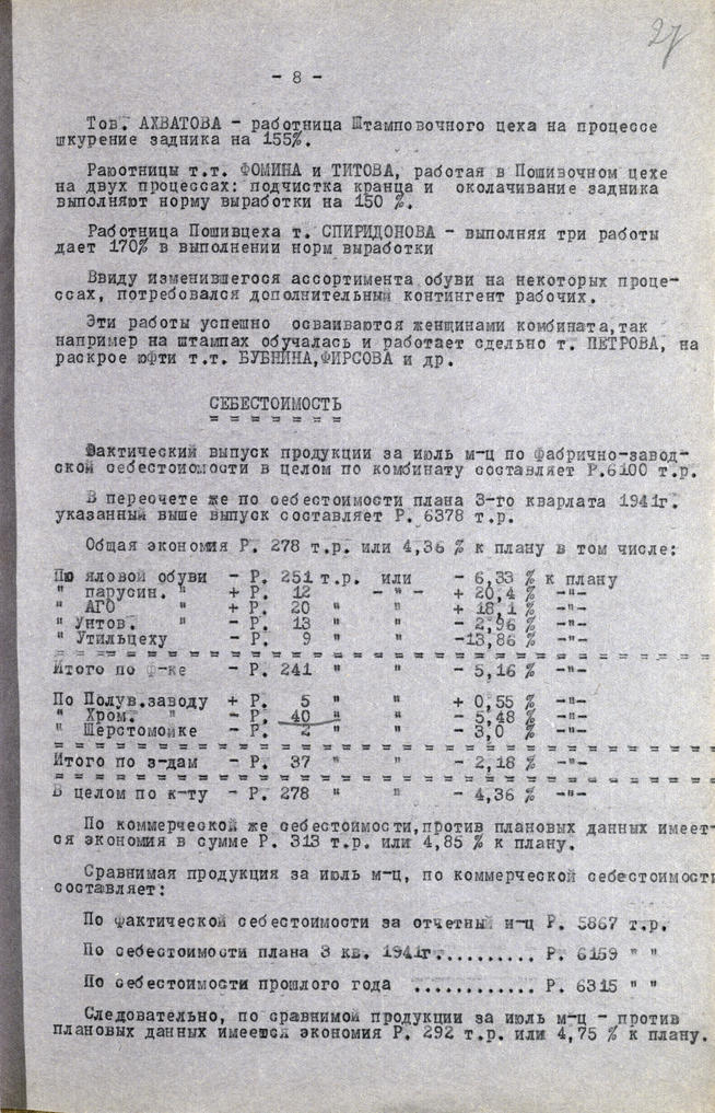Отчет о работе Кожобувного комбината «Спартак» за июль 1941года::Национальный архив Республики Татарстан g2id93119