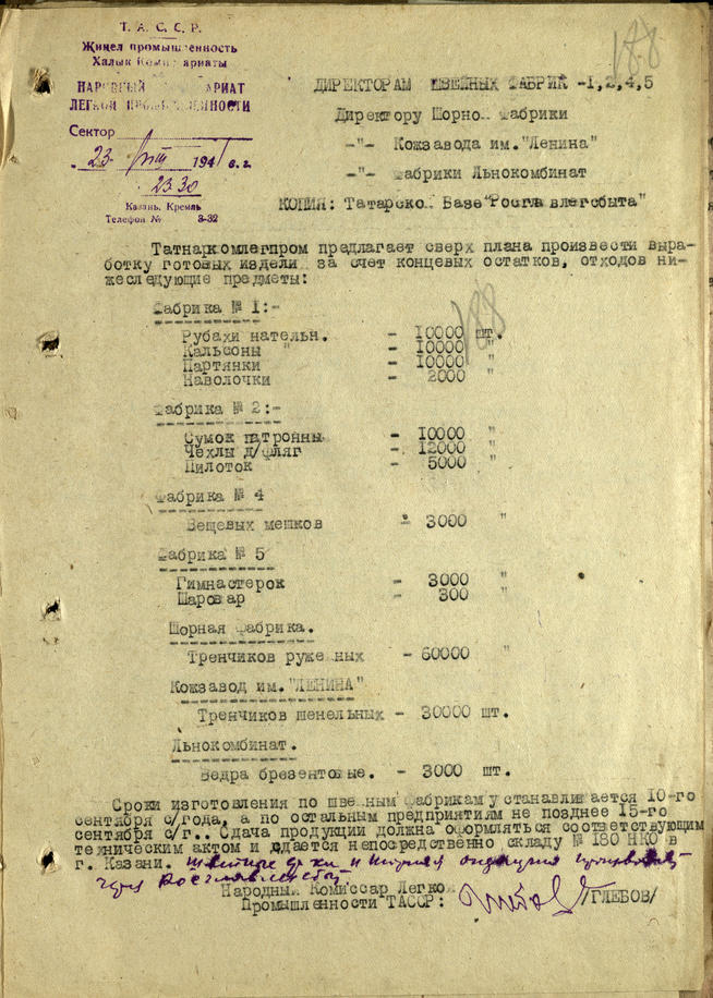 Письмо наркома легкой промышленности ТАССР. 23 августа 1941 года::Национальный архив Республики Татарстан g2id93164