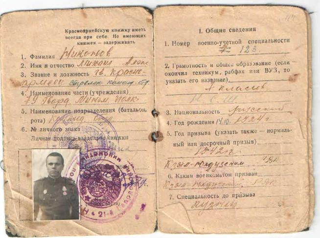 Никонов Михаил Алексеевич 1924г.р Красноармейская книжка. Вернулся. Жил в с.Три Озера::Фотографии участников Великой Отечественной войны и документы по Спасскому району (до 1946г.) g2id98270
