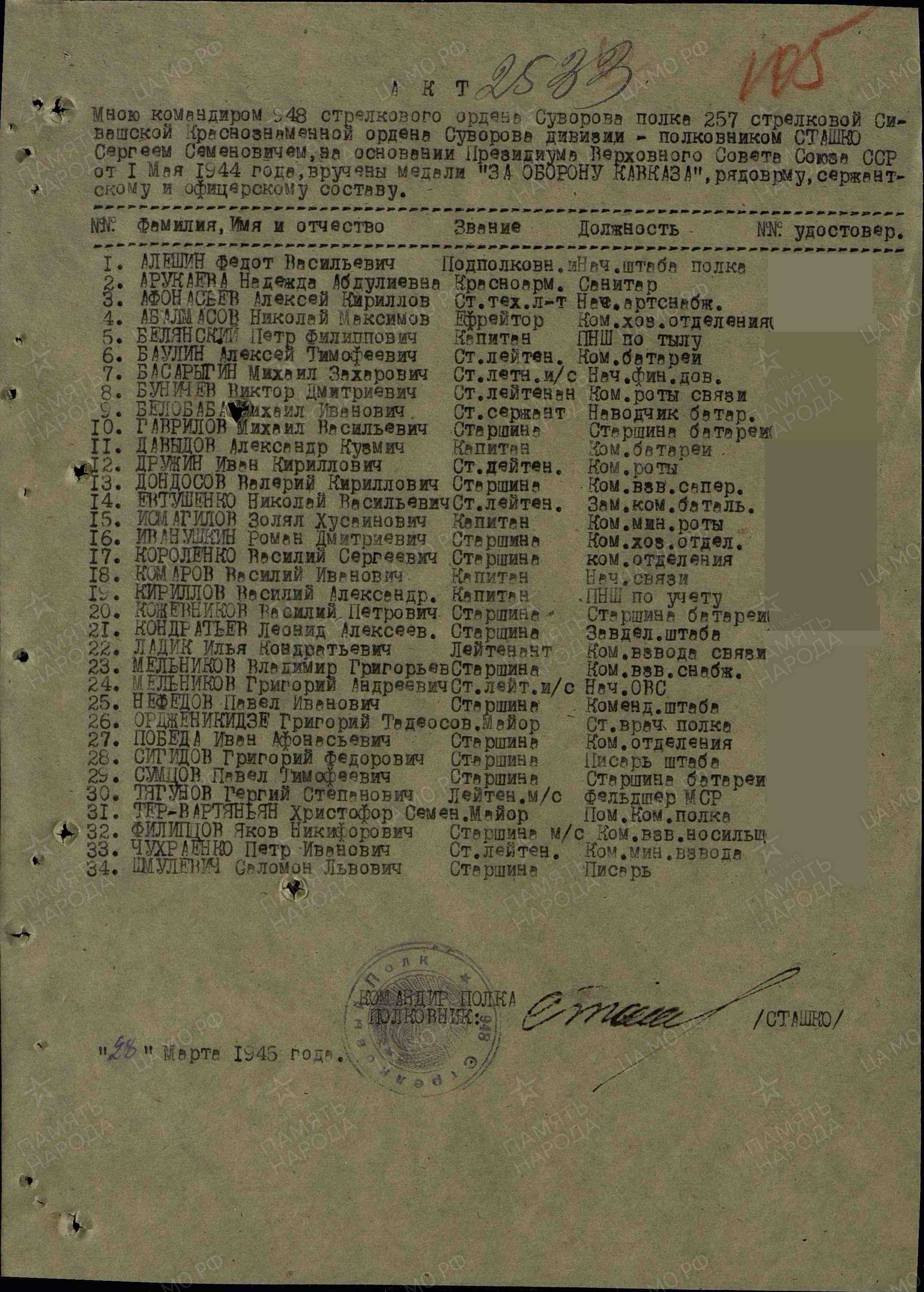 наградной лист к ордену "За оборону Кавказа"
